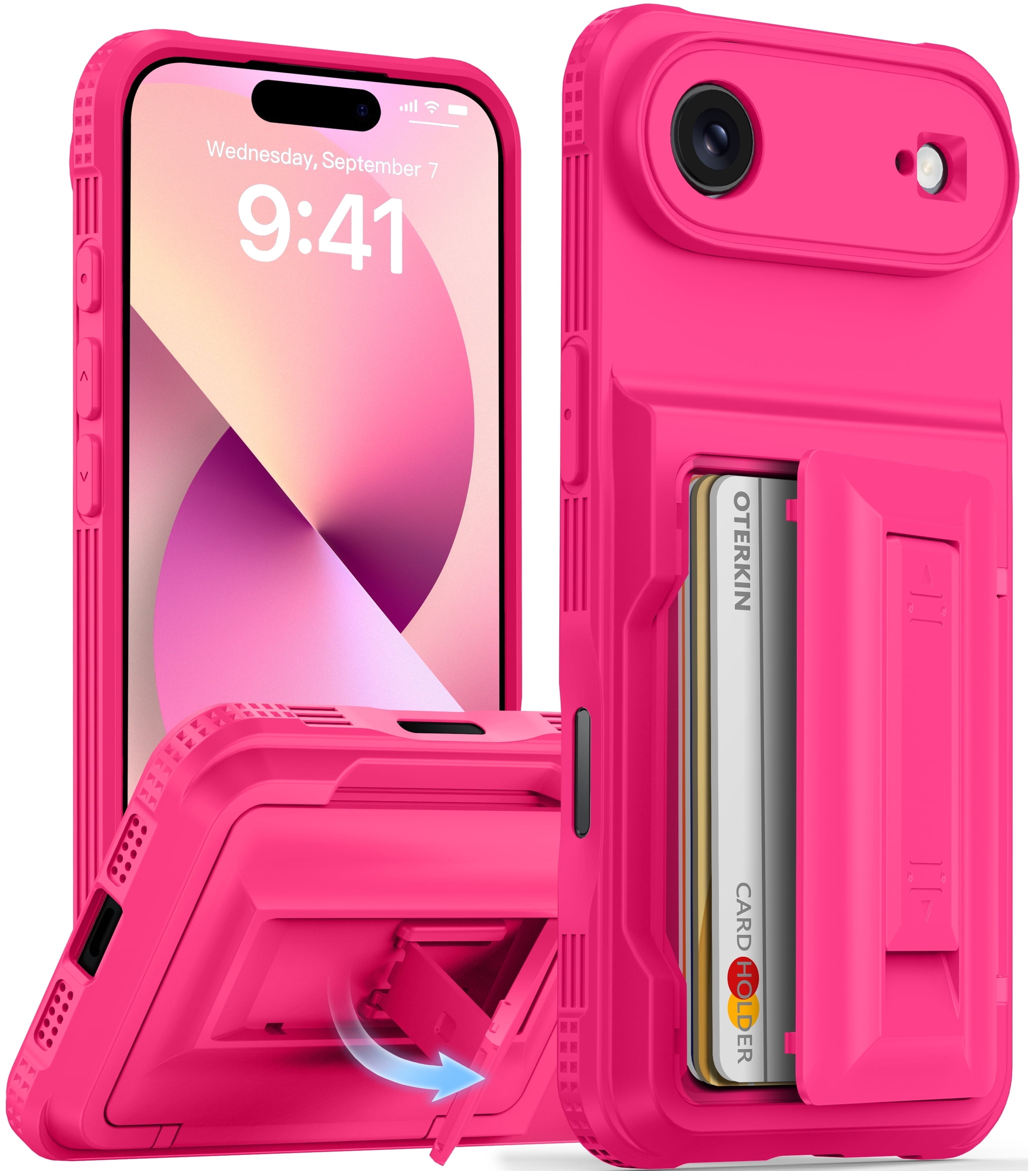 Oneagle Stand & Wallet Case (Store 4-5 Cards) for iPhone Air Case with Card Holder,Rugged Case for iPhone 17 Air,Hot Pink