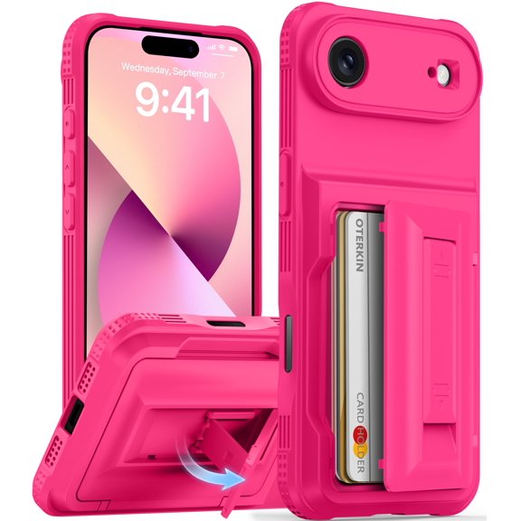 Oneagle Stand & Wallet Case (Store 4-5 Cards) for iPhone Air Case with Card Holder,Rugged Case for iPhone 17 Air,Hot Pink