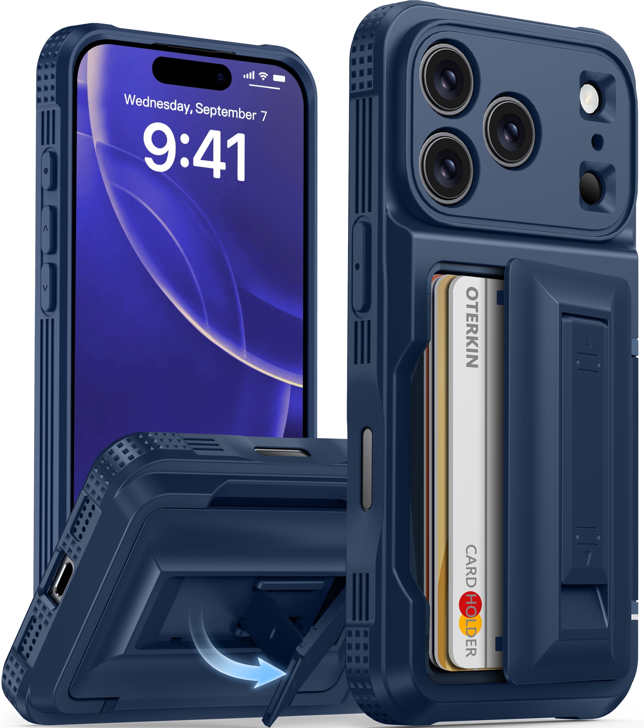Oneagle Stand & Wallet Case (Store 4-5 Cards) for iPhone 17 Pro Case with Card Holder,Dark Blue