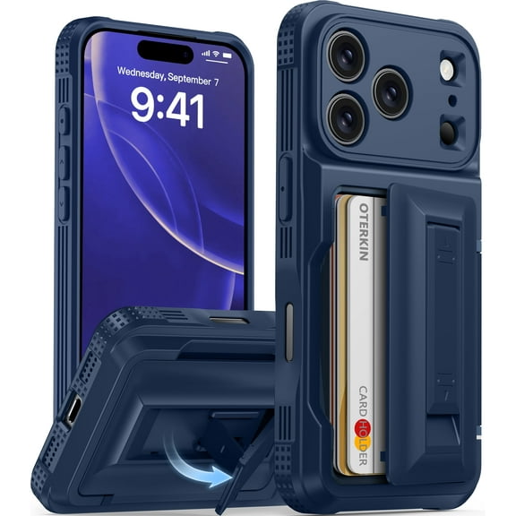 Oneagle Stand & Wallet Case (Store 4-5 Cards) for iPhone 17 Pro Case with Card Holder,Dark Blue