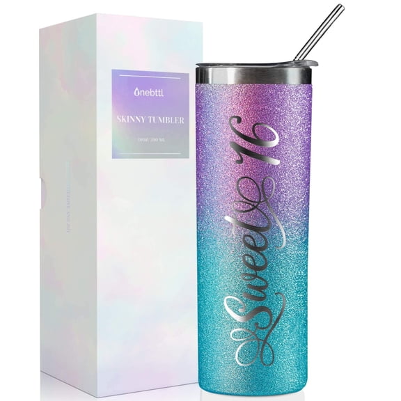 Onebttl Sweet 16 Gifts for Girls, Her, Daughter- Sweet Sixteen - 20oz/590ml Stainless Steel Insulated Glitter Tumbler with Straw, Lid, Message Card - (Purple-Blue Gradient) Y114