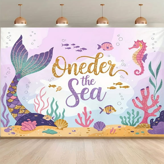 Oneder The Sea 1st Birthday Backdrop Purple Mermaid Under The Sea Happy First Birthday Background for Girls Seahorse Shell Seaweed Fish Baby Shower Party Decorations Banner Photo Booth Props