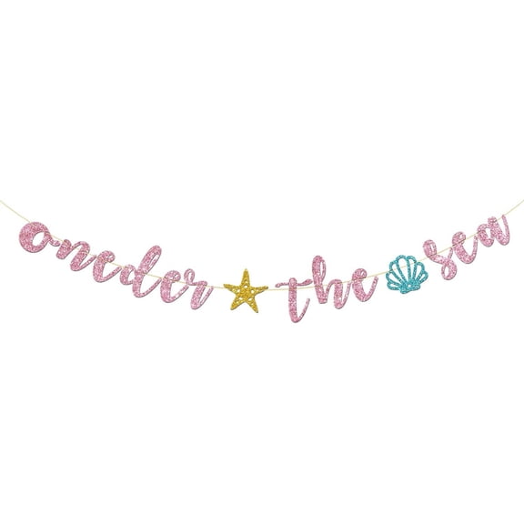 Oneder the Sea Banner, Mermaid Theme Birthday Banner, Girl 1st Birthday Ocean Party Decorations Supplies, Pink Glitter