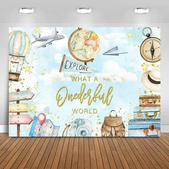 What a Onederful World Backdrop Adventure Boy First Birthday Photography Background Hot Air Balloon Travel 1st Birthday Party Cake Table Decorations Banner Supplies Photo Booth Props
