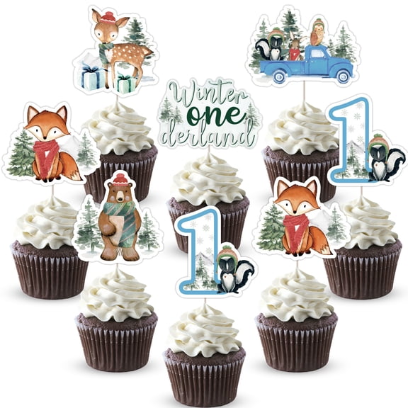 Onederland 1st Birthday Decor - 36pcs Woodland Animal Cupcake Toppers & Snow Cupcake Picks for Winter Forest Mountain Party Boys