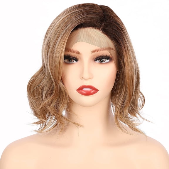 Onedor 10 Inch Side Part Lace Front Short Wavy Hair Bob Wigs for Women (Dark Blonde Evenly Blended & Platinum Blonde with Dark Roots)