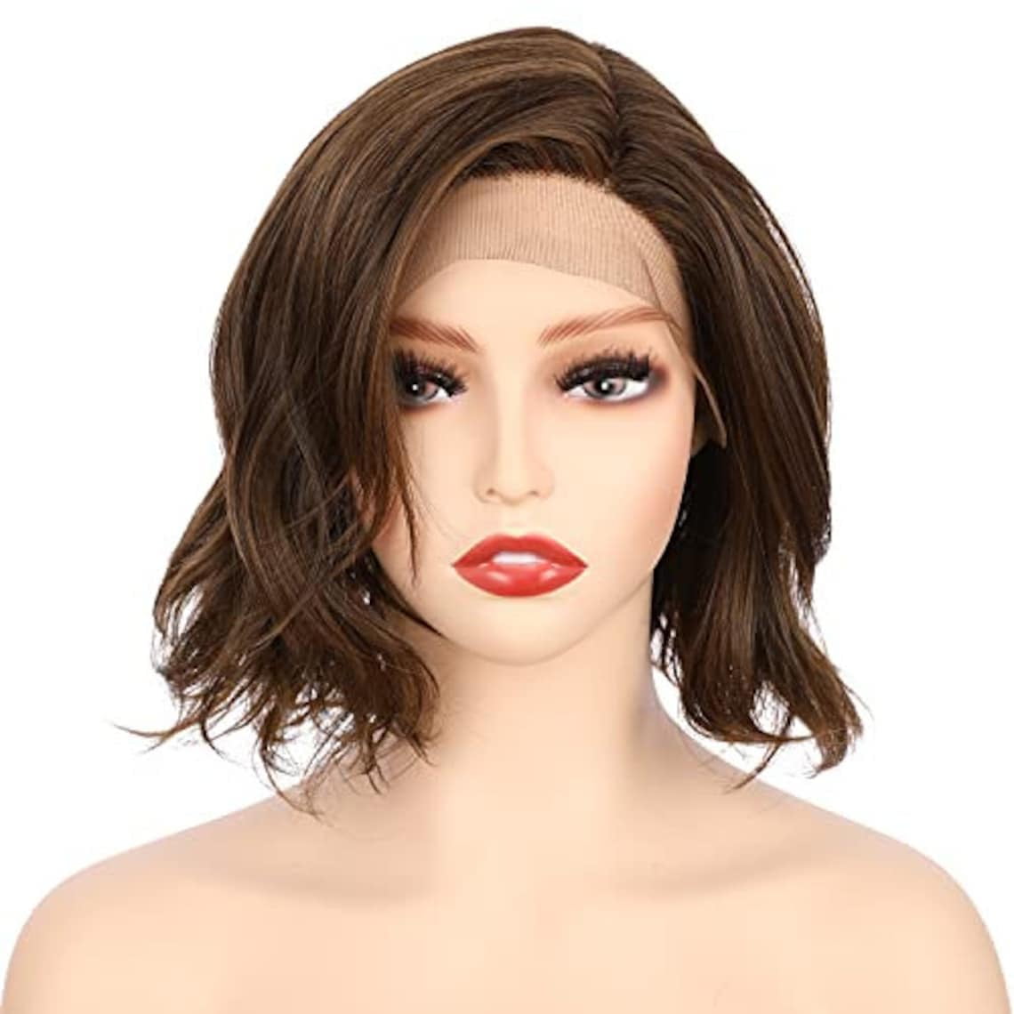 Onedor 10 Inch Side Part Lace Front Short Wavy Hair Bob Wigs for Women (Medium Brown Evenly Blended with Warm Medium Brown)