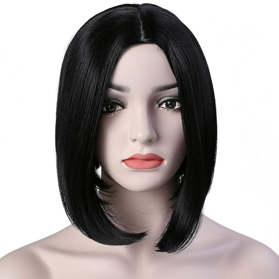 Onedor 11" Short Straight Middle Part Synthetic Heat Resistant Bob Wigs, Full Head Hair Wigs for Women, Girls (1B - Off Black)