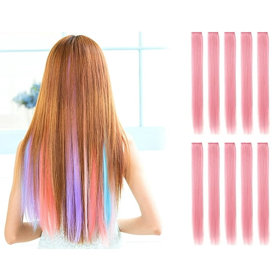 Onedor 23 Inch Colored Party Highlights Straight Hair Clip Extensions. Heat-Resistant Synthetic Hair Extensions in Multiple Colors (10 Pcs Light Pink)