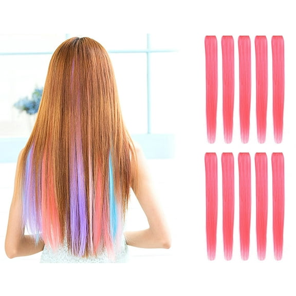 Onedor 23 Inch Colored Party Highlights Straight Hair Clip Extensions. Heat-Resistant Synthetic Hair Extensions in Multiple Colors (10 Pcs Pink)