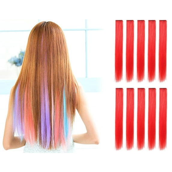 Onedor 23 Inch Colored Party Highlights Straight Hair Clip Extensions. Heat-Resistant Synthetic Hair Extensions in Multiple Colors (10 Pcs Red)