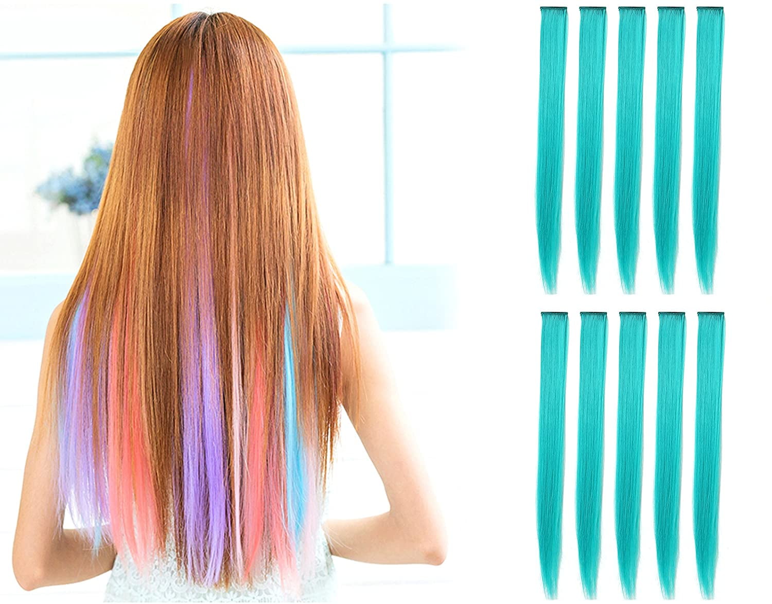 10-teiliges Set Bunte Haarverlängerungen – Rot & Blau, Clip-in, 56 Cm, Hitzebeständig Bis 180 °C