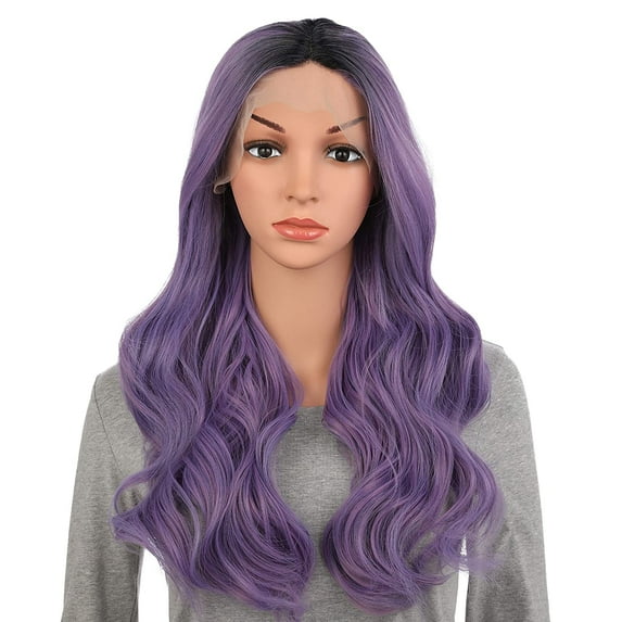 Onedor 24 Inch Synthetic Curly Lace Front Wig - Glueless Middle Part Dark Root Wigs for Women (Purple)