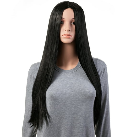 Onedor 31 Inches Long Straight Black Synthetic Hair Women Full Head Cosplay Wig with Wig Cap (1B - Off Black)