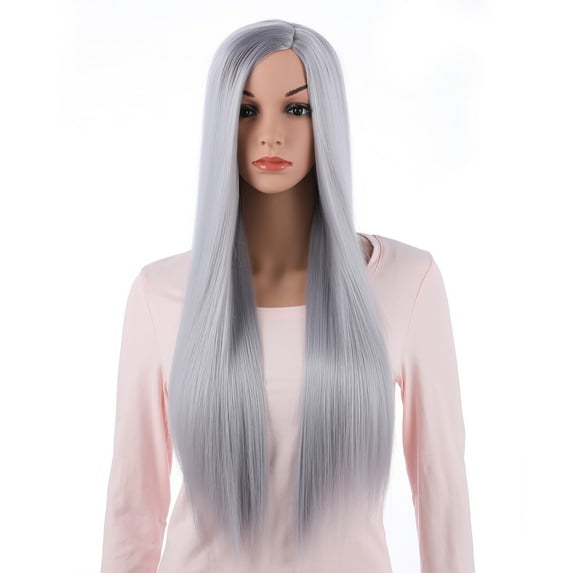 Onedor 31 Inches Long Straight Silver Synthetic Hair Women Full Head Cosplay Wig with Wig Cap