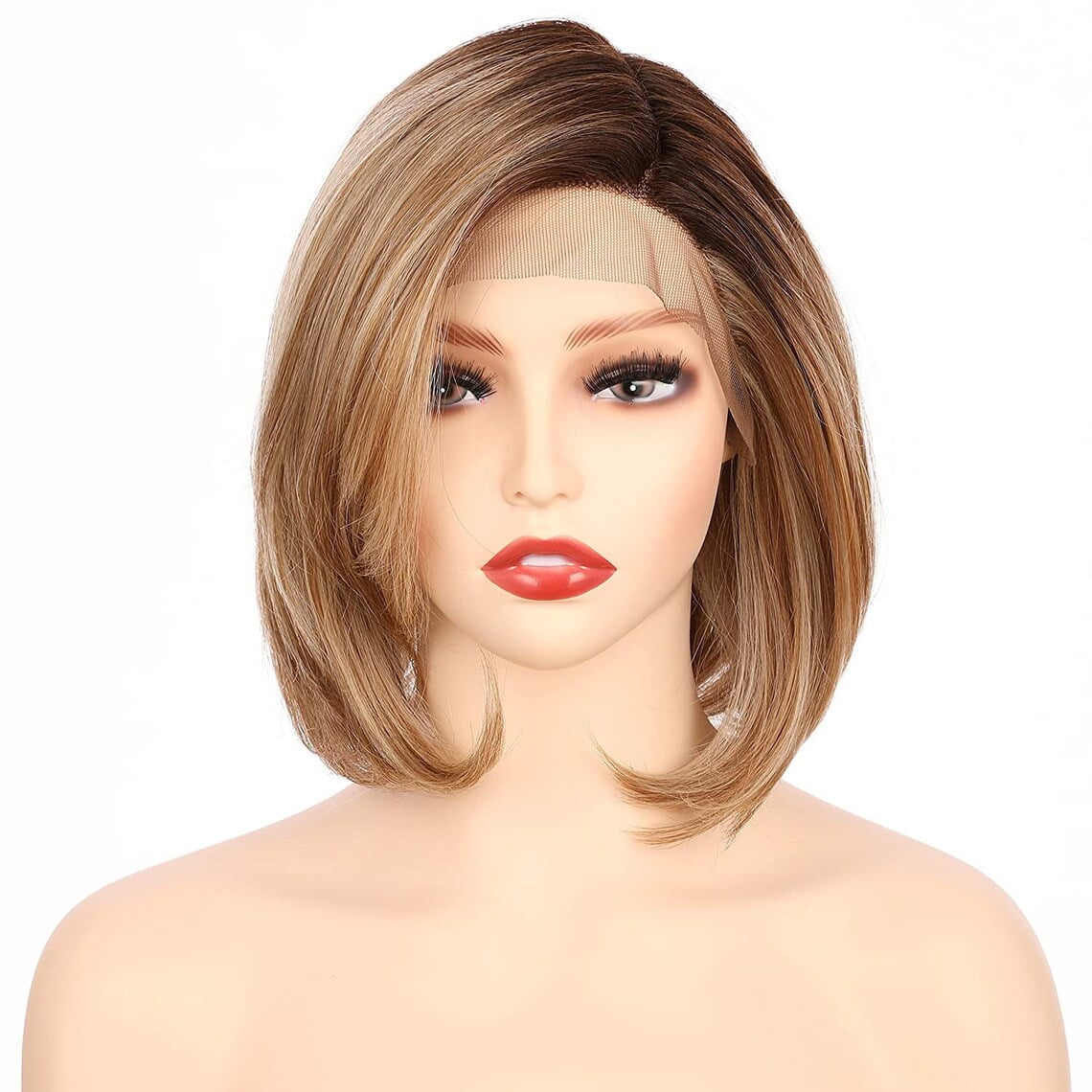 Onedor 9.5 Inch Side Part Lace Front Relaxed Straight Bob Wig (Dark Blonde Evenly Blended & Platinum Blonde with Dark Roots)