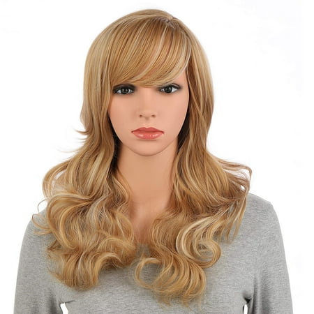 Onedor Full Head Beautiful Long Curly Wave Stunning Wig Charming Curly Costume Wigs with Fringe ( Blonde Mix)