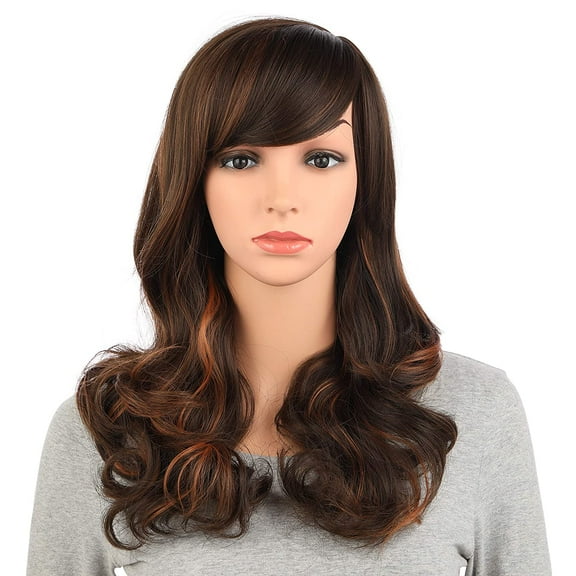 Onedor Full Head Beautiful Long Curly Wave Stunning Wig Charming Curly Costume Wigs with Fringe (Brown Highlights-8HT1439)