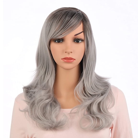 Onedor Full Head Beautiful Long Curly Wave Stunning Wig Charming Curly Costume Wigs with Fringe (Brown Silver Ombre-6TST0906)