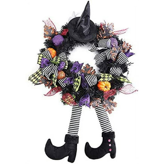 Onedor Happy Halloween Wreath 39 Inch Witch Hat Legs Pumpkin Door Decorations Artificial Handmade Wreath for Front Door or Indoor Wall Decor