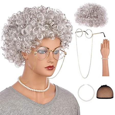 Onedor Old Lady Costume for Women and Kids, 100 Days of School Costume for Girls, Granny Glass, Eyeglass Retainer Chain, Pearl Necklace, Pearl Bracelet, and Wig Cap, 6 Piece Set (Silver) …