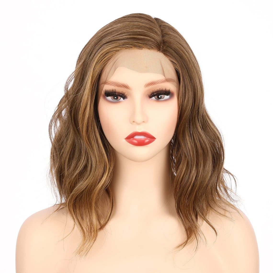 Onedor Shoulder Length Side Part Lace Front Short Wavy Hair Bob Wigs for Women (Light Brown Evenly Blended with Dark Natural Blonde)