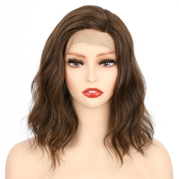 Onedor Shoulder Length Side Part Lace Front Short Wavy Hair Bob Wigs for Women (Medium Brown Evenly Blended with Warm Medium Brown)