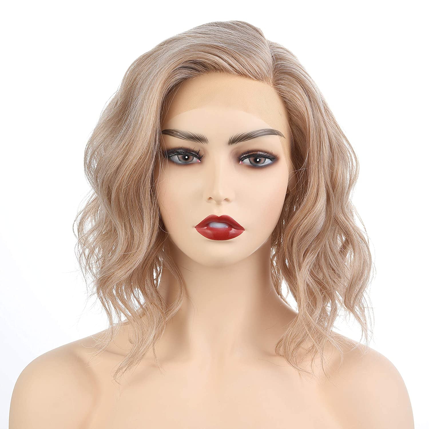 Onedor Side Part Blonde Blended Lace Front Short Wavy Hair Bob Wigs for Womens (M266)