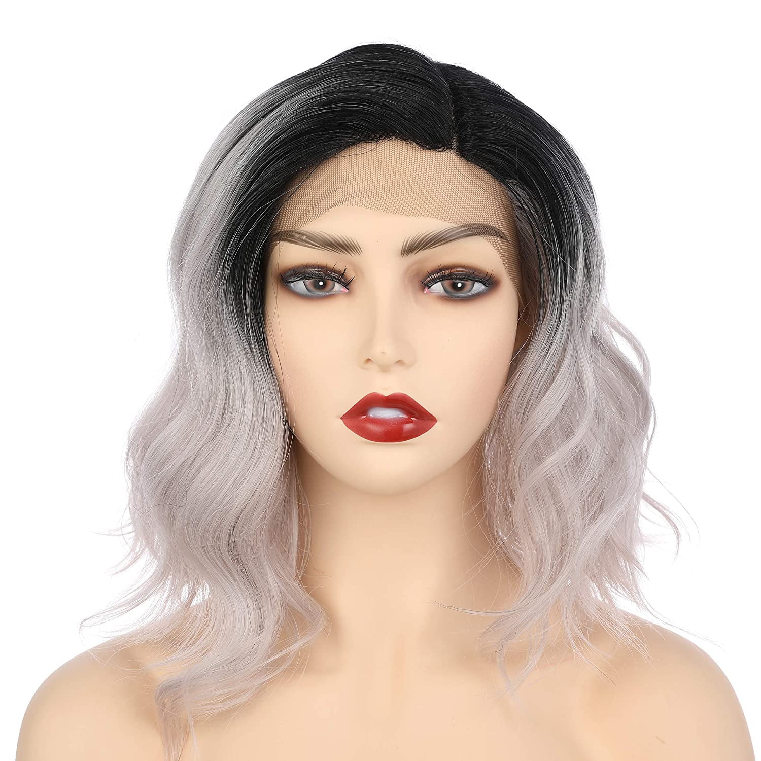 Onedor Side Part Lace Front Short Wavy Hair Bob Wigs for Women (Black Root Ombre Silver Grey)