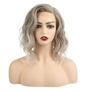 Onedor Side Part Platinum Blonde Brown Ombre Lace Front Short Wavy Hair Bob Wigs for Womens