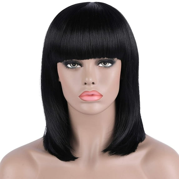 Onedor Women's 14 Inch Straight Short Black Bob Wig with Hair Bangs - Heat Resistant Synthetic Full Hair Wigs for Women (1 - Black) …