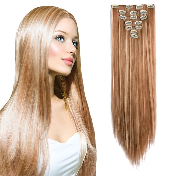 Onedor24" Straight Full Head Premium Japanese High-Temperature Fiber Heat Resistance Hair Extensions Clip on in Hairpieces 7pcs 140g (Straight 27H613)