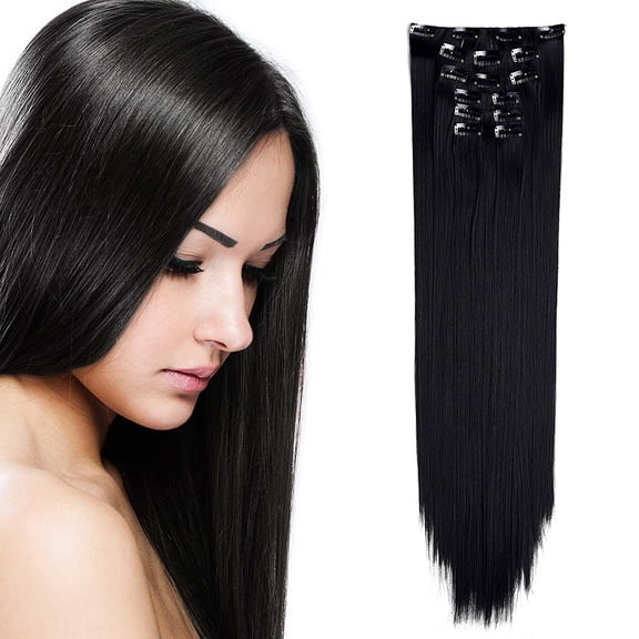 Onedor24" Straight Synthetic Clip in Hair Extensions. 7 individual pieces for multiple styles.140g (1B-off Black)