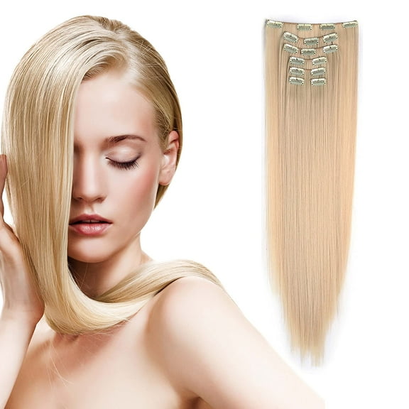 Onedor24" Straight Synthetic Clip in Hair Extensions. 7 individual pieces for multiple styles.140g (613#-Pre Bleach Blonde)