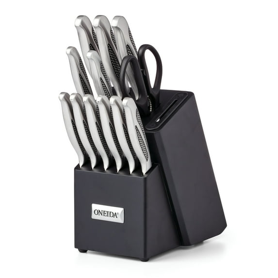 Oneida Crosshatch 14-Piece Stainless Steel Kitchen Knife Block Set, Silver