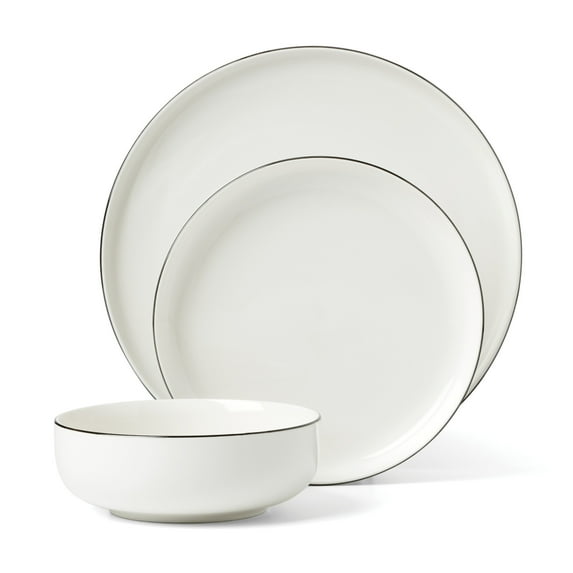 Oneida 24 Seven 12-Piece White with Black Rim Porcelain Tableware Set (Service for 4)