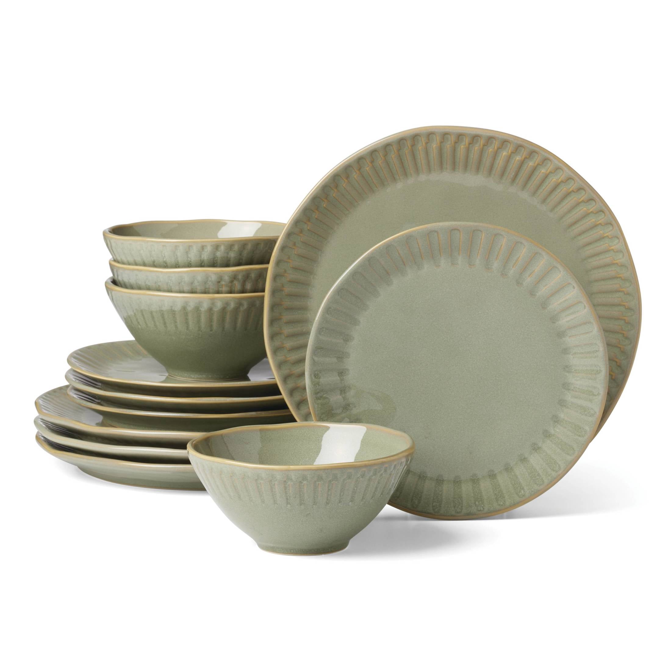 【ONEIDA】 ギャラリートレー サークル型 39cm 華麗！ Oneida Artisanal Stripe 12-Piece Green Dishwasher Safe Stoneware