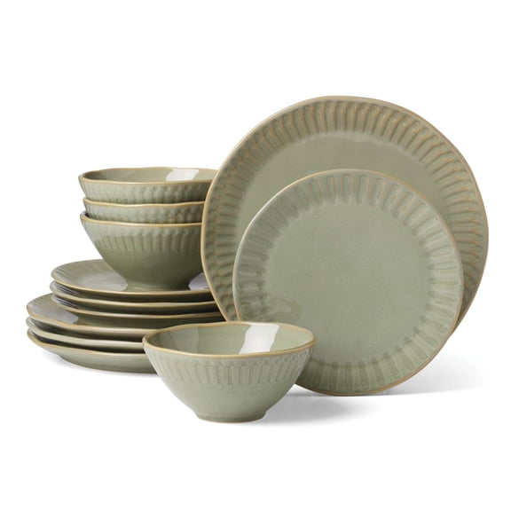 Oneida Artisanal Stripe 12-Piece Green Dishwasher Safe Stoneware Dinnerware Set with Dinner Plates, Accent Plates and All-Purpose Bowls (Service for 4)