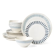 Oneida Artisanal Stripe 12-Piece White Dishwasher Safe Stoneware Dinnerware Set with Dinner Plates, Accent Plates and All-Purpose Bowls (Service for 4)