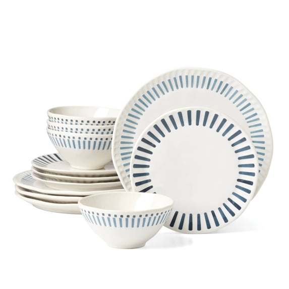 Oneida Artisanal Stripe 12-Piece White Dishwasher Safe Stoneware Dinnerware Set with Dinner Plates, Accent Plates and All-Purpose Bowls (Service for 4)