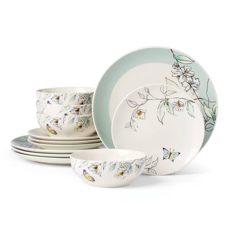 Oneida Botanica 12-Piece Green Dishwasher Safe Porcelain Dinnerware Set with Dinner Plates, Accent Plates and All-Purpose Bowls (Service for 4)
