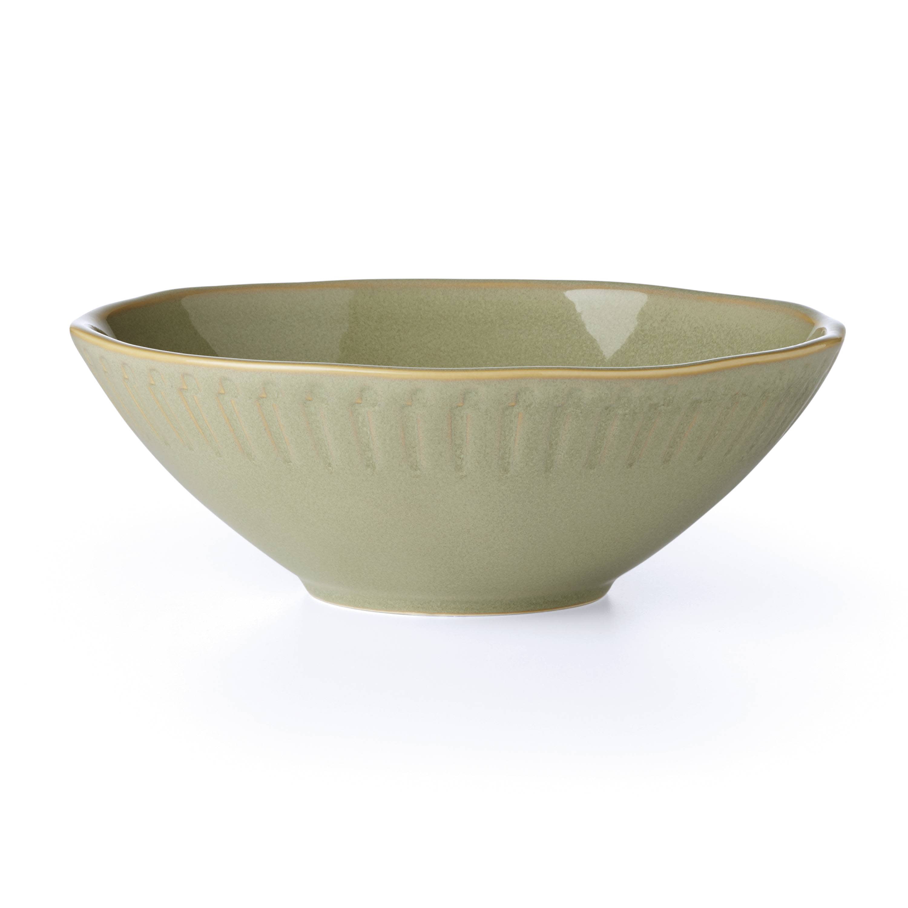 Oneida Entertain 365 48 oz Round Artisanal Stripe Green Stoneware Serving Bowl