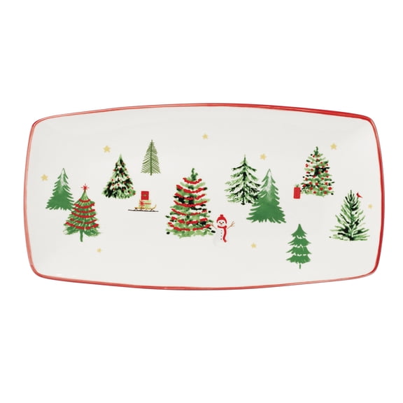 Oneida Merry & Bright Christmas Trees and Snowmen Off White Porcelain 13" x 6.5" Hors d'Oeuvres Serving Tray