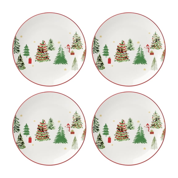 Oneida Merry & Bright Christmas Trees and Snowmen Off White Round 8" Porcelain Accent Plates (4 Count)