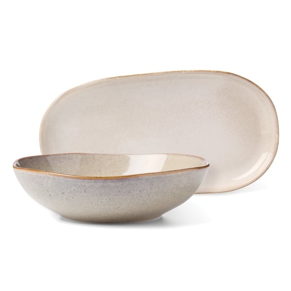 Oneida Organic Shades Oatmeal 44 oz Round Beige Stoneware Serving Bowl Set with Serving Tray (2 Count)