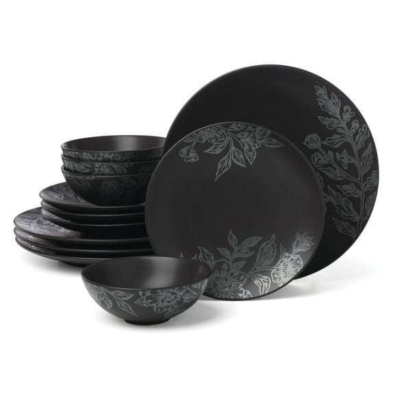 Oneida Roseto Charcoal 12-Piece Black Stoneware Tableware Set (Service for 4)
