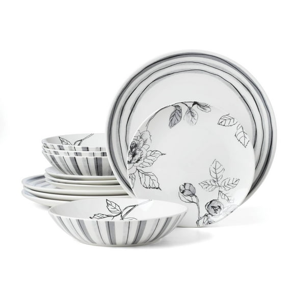 Oneida Sketchbook 12-Piece White & Gray Porcelain Tableware Set (Service for 4)