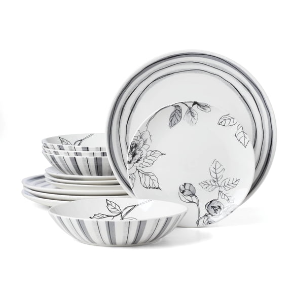 Oneida Sketchbook 12-Piece White & Gray Porcelain Tableware Set (Service for 4)