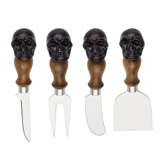 Oneida Skull Mirror Stainless Steel Cheese Knife Set 3.5 in, Silver with Black Handle (4-Piece)