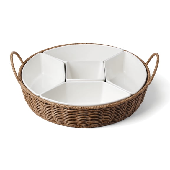 Oneida Willow & White White Stoneware and Rattan 16.37" x 15.11" Divided Serving Set (6 Count)